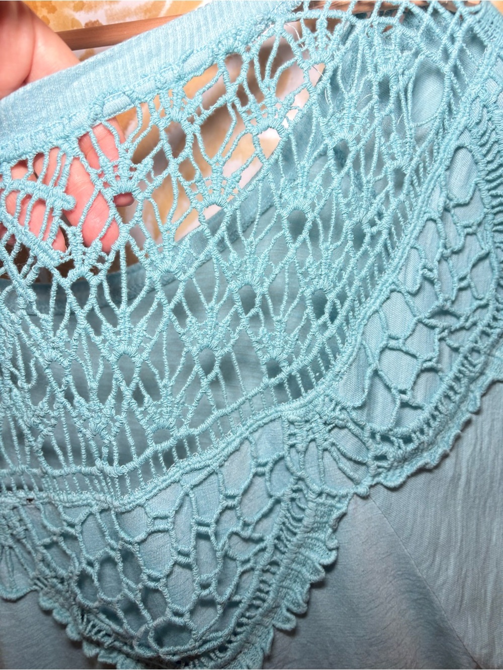 Aqua Crochet Lace Top | Boho Coastal Blouse | Short Sleeve Boutique Tee - Picture 8 of 11